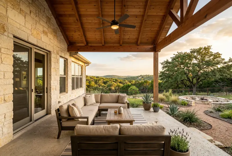 Covered patio with a cedar beam roof on an Austin home