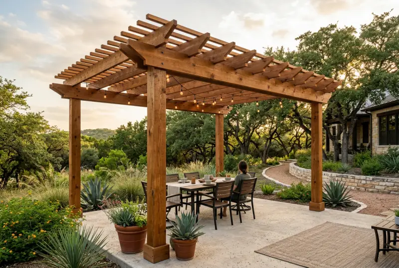 Freestanding cedar pergola over an outdoor dining area