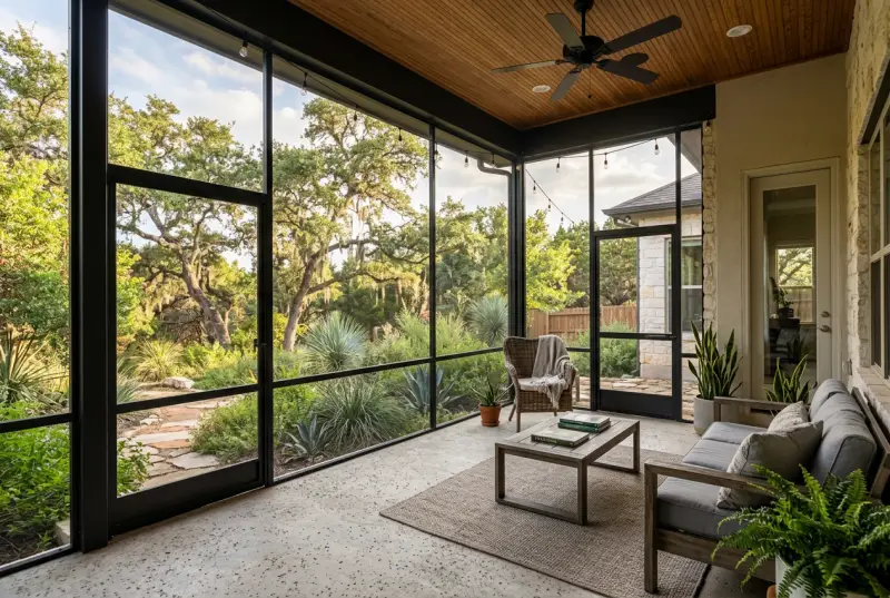 Screened patio enclosure with a ceiling fan
