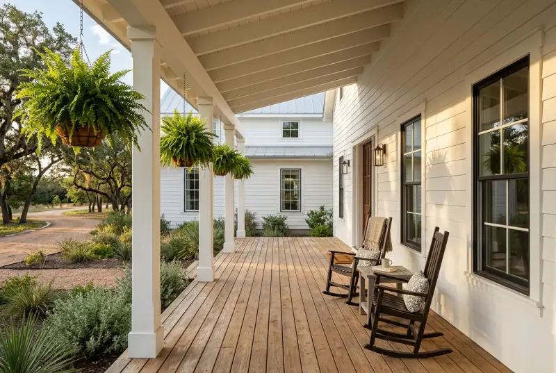 Covered front porch with wood decking and rocking chairs