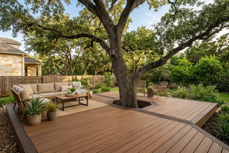 Composite deck built around a backyard live oak