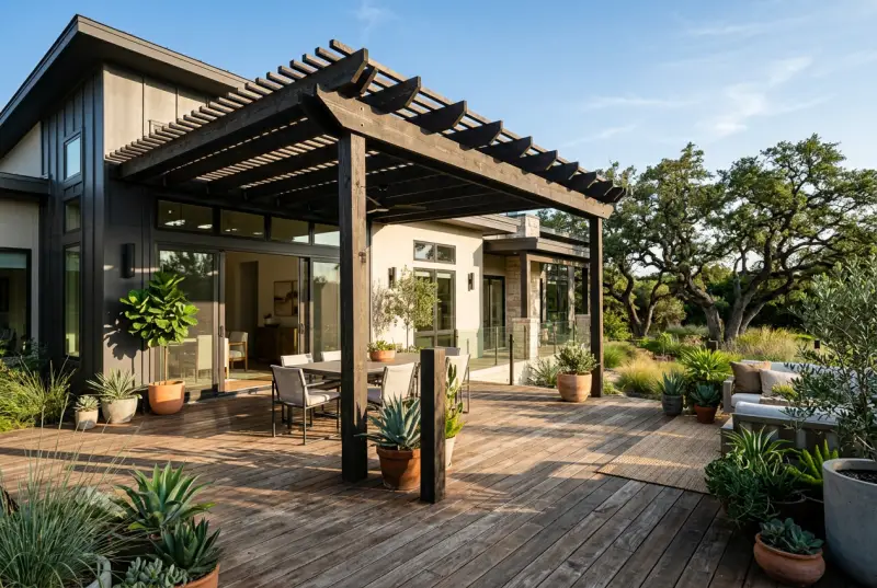 Attached pergola shading a deck off the back of a home