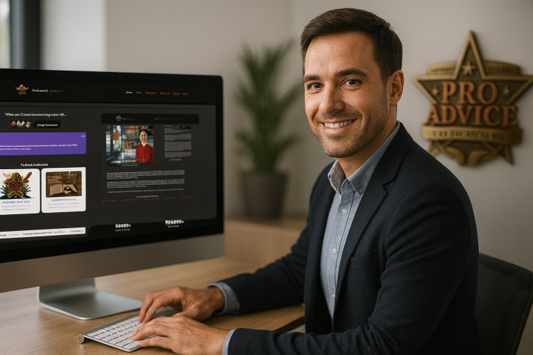 Website designer creating a custom site for a Texas business client on a desktop computer